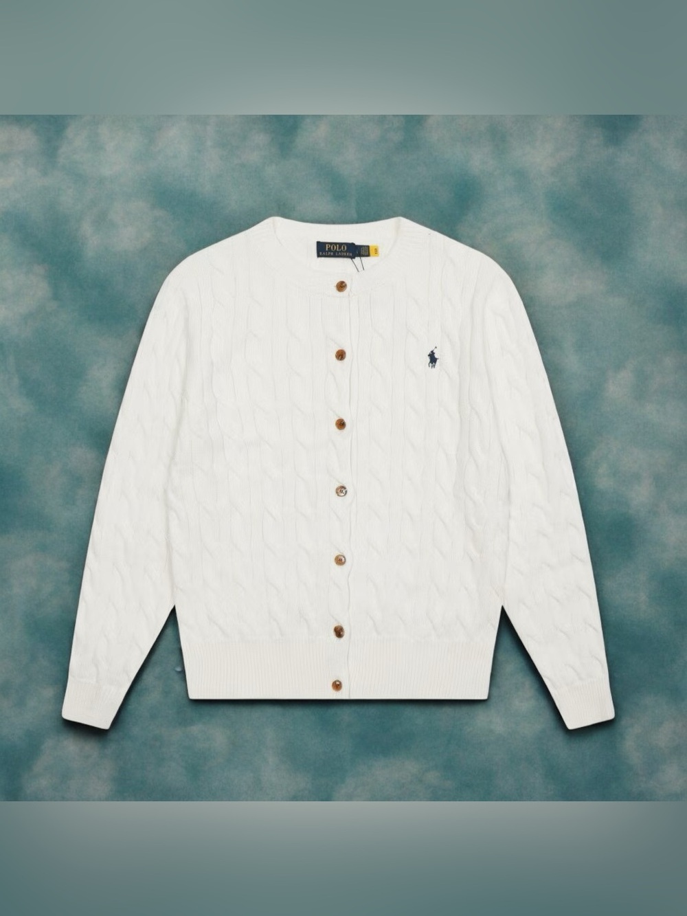 🍦Ralph Lauren White Cable-Knit Cotton Cardigan with Embroidered Pony